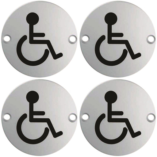 4 PACK Bathroom Door Disabled Symbol Sign 64mm Centres 76mm Dia Satin Steel