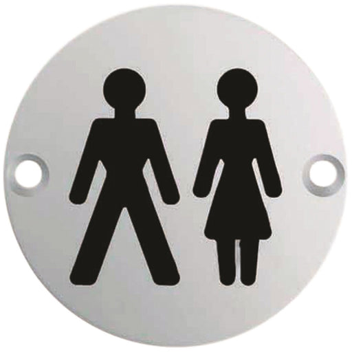 Bathroom Door Unisex Symbol Sign 64mm Fixing Centres 76mm Dia Satin Steel