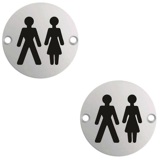 2 PACK Bathroom Door Unisex Symbol Sign 64mm Fixing Centres 76mm Dia Satin Steel