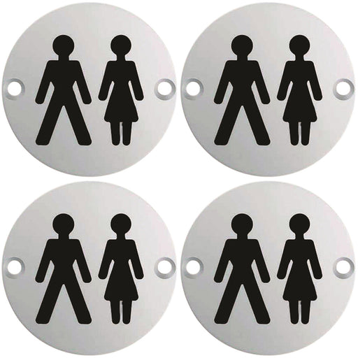 4 PACK Bathroom Door Unisex Symbol Sign 64mm Fixing Centres 76mm Dia Satin Steel