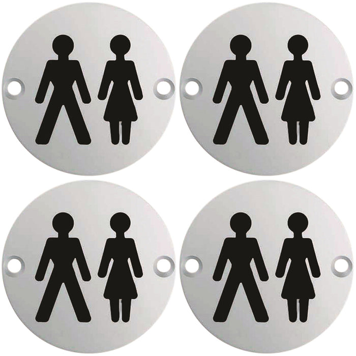 4 PACK Bathroom Door Unisex Symbol Sign 64mm Fixing Centres 76mm Dia Satin Steel