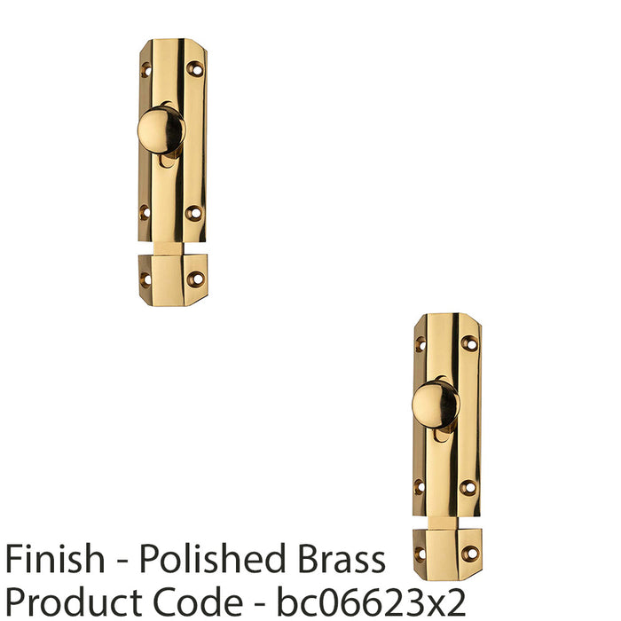 2 PACK Surface Mounted Flat Sliding Door Bolt Lock 102mm x 36mm Polished Brass 1