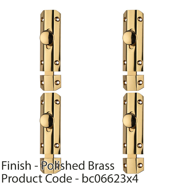 4 PACK Surface Mounted Flat Sliding Door Bolt Lock 102mm x 36mm Polished Brass 1