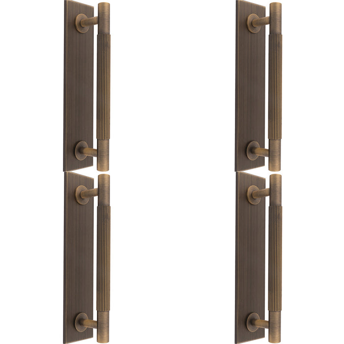 4 PACK Lined Reeded Pull Handle & Matching Backplate Antique Brass 200 x 40mm