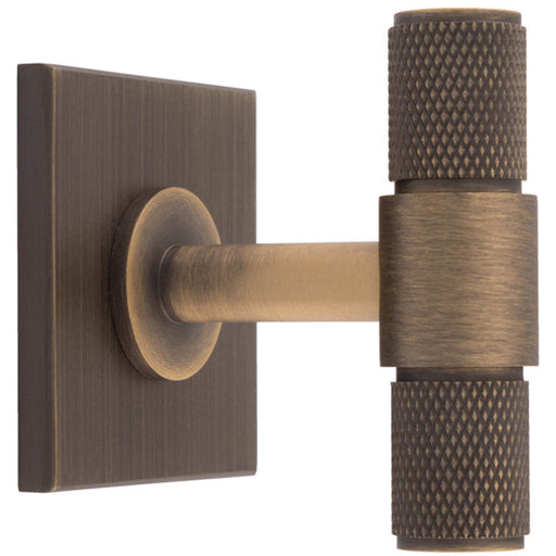 Knurled T Bar Cabinet Door Knob & Matching Backplate - Antique Brass 40 x 40mm