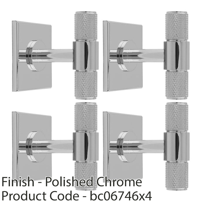 4 PACK Knurled T Bar Door Knob & Matching Backplate Polished Chrome 40 x 40mm 1