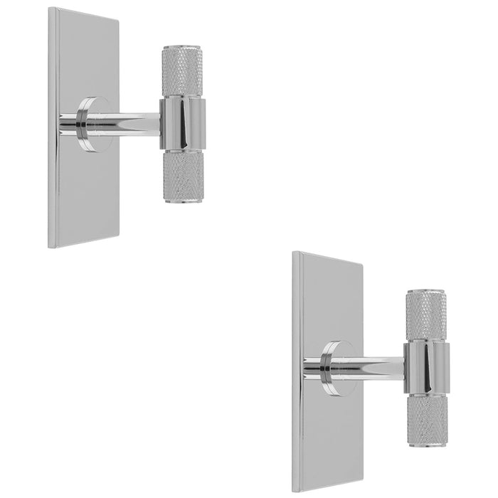 2 PACK Knurled T Bar Door Knob & Matching Backplate Polished Chrome 76 x 40mm