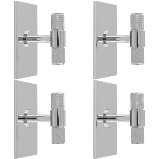4 PACK Knurled T Bar Door Knob & Matching Backplate Polished Chrome 76 x 40mm