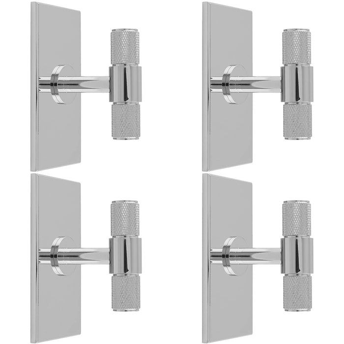 4 PACK Knurled T Bar Door Knob & Matching Backplate Polished Chrome 76 x 40mm