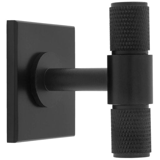 Knurled T Bar Cabinet Door Knob & Matching Backplate - Matt Black 40 x 40mm