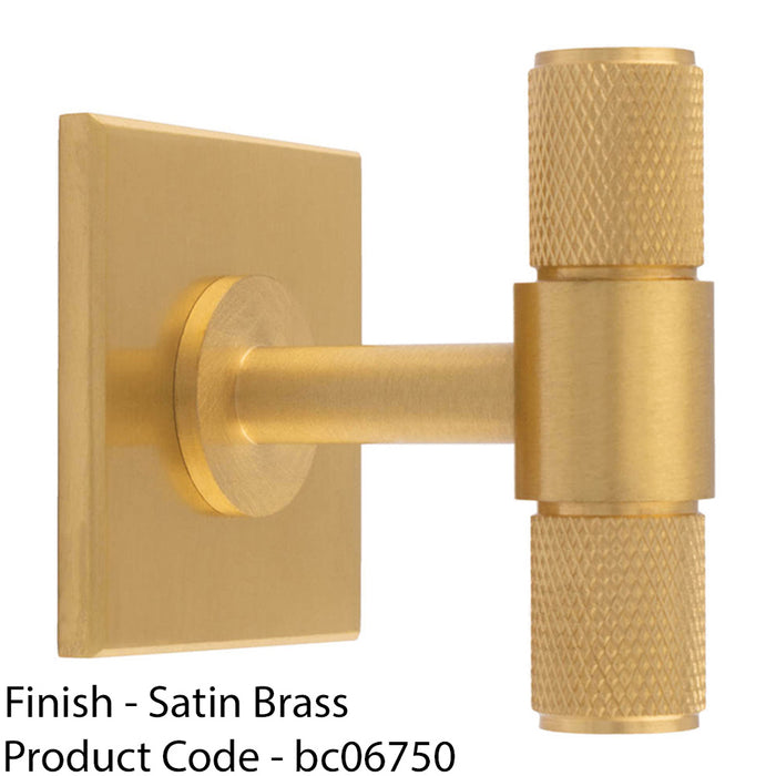 Knurled T Bar Cabinet Door Knob & Matching Backplate - Satin Brass 40 x 40mm 1