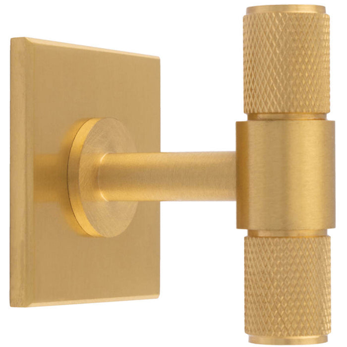 Knurled T Bar Cabinet Door Knob & Matching Backplate - Satin Brass 40 x 40mm