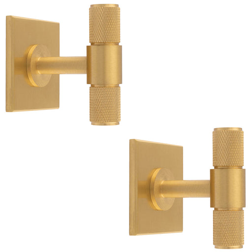 2 PACK Knurled T Bar Cabinet Door Knob & Matching Backplate Satin Brass 40x40mm
