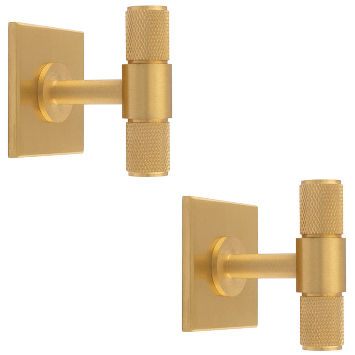 2 PACK Knurled T Bar Cabinet Door Knob & Matching Backplate Satin Brass 40x40mm