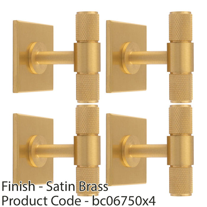 4 PACK Knurled T Bar Cabinet Door Knob & Matching Backplate Satin Brass 40x40mm 1
