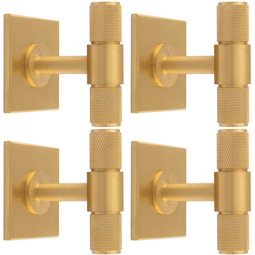 4 PACK Knurled T Bar Cabinet Door Knob & Matching Backplate Satin Brass 40x40mm