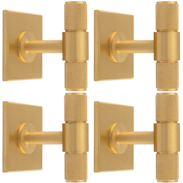 4 PACK Knurled T Bar Cabinet Door Knob & Matching Backplate Satin Brass 40x40mm