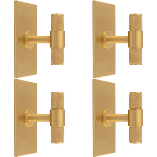 4 PACK Knurled T Bar Cabinet Door Knob & Matching Backplate Satin Brass 76x40mm