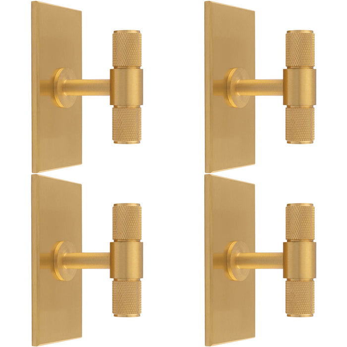 4 PACK Knurled T Bar Cabinet Door Knob & Matching Backplate Satin Brass 76x40mm