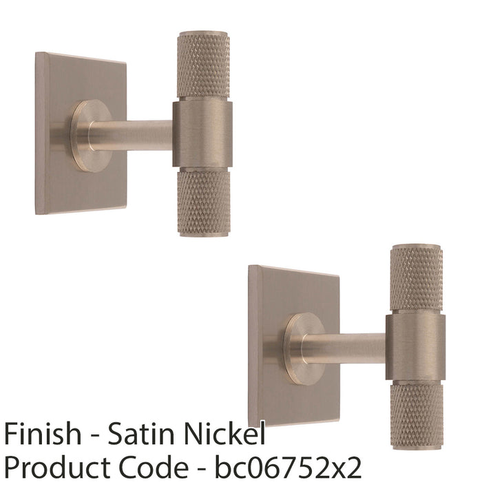 2 PACK Knurled T Bar Cabinet Door Knob & Matching Backplate Satin Nickel 40x40mm 1