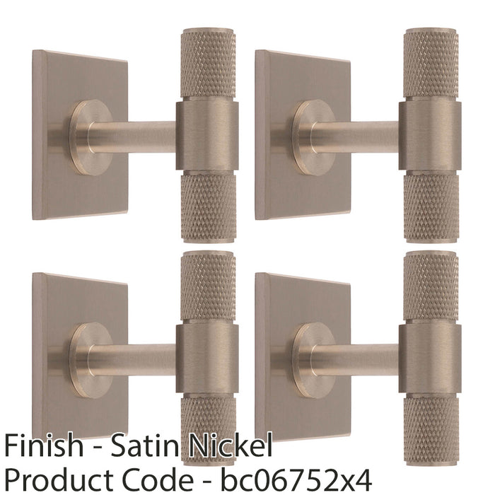 4 PACK Knurled T Bar Cabinet Door Knob & Matching Backplate Satin Nickel 40x40mm 1