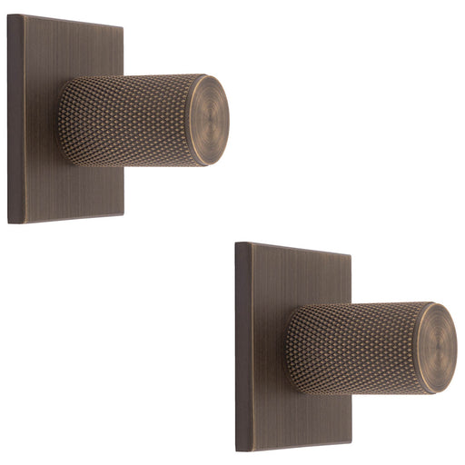 2 PACK Knurled Cylinder Door Knob & Matching Backplate Antique Brass 40 x 40mm