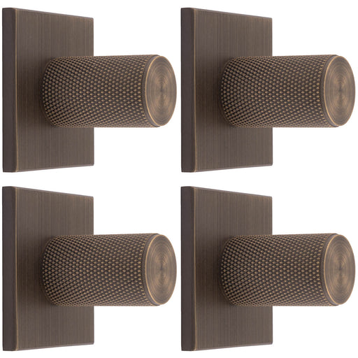 4 PACK Knurled Cylinder Door Knob & Matching Backplate Antique Brass 40 x 40mm