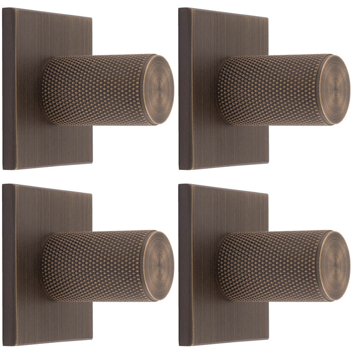 4 PACK Knurled Cylinder Door Knob & Matching Backplate Antique Brass 40 x 40mm