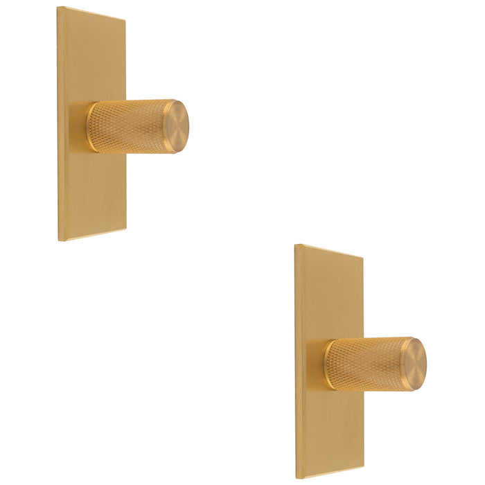 2 PACK Knurled Cylinder Door Knob & Matching Backplate Satin Brass 76 x 40mm