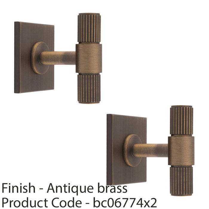 2 PACK Reeded T Bar Cabinet Door Knob & Matching Backplate Antique Brass 40x40mm 1