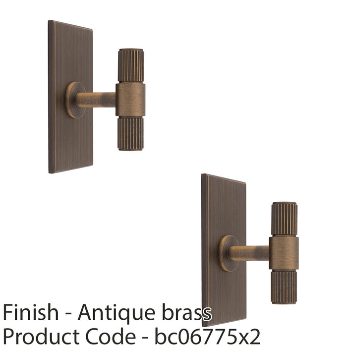 2 PACK Reeded T Bar Cabinet Door Knob & Matching Backplate Antique Brass 76x40mm 1