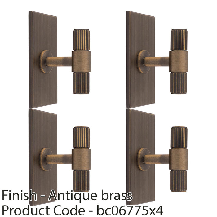 4 PACK Reeded T Bar Cabinet Door Knob & Matching Backplate Antique Brass 76x40mm 1