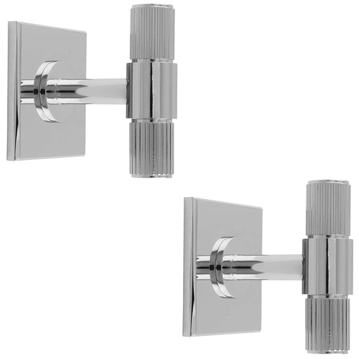 2 PACK Reeded T Bar Door Knob & Matching Backplate Polished Chrome 40 x 40mm