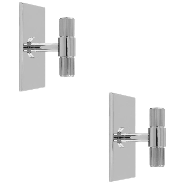 2 PACK Reeded T Bar Door Knob & Matching Backplate Polished Chrome 76 x 40mm