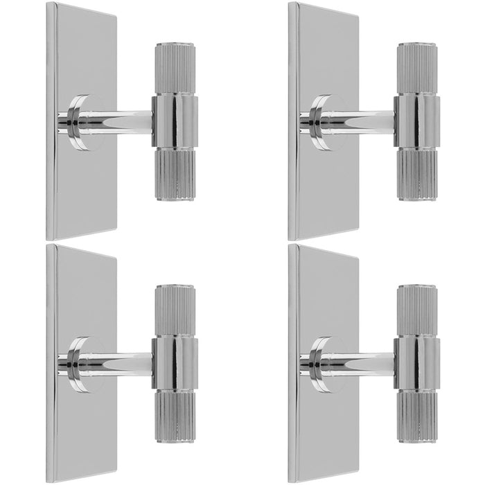 4 PACK Reeded T Bar Door Knob & Matching Backplate Polished Chrome 76 x 40mm