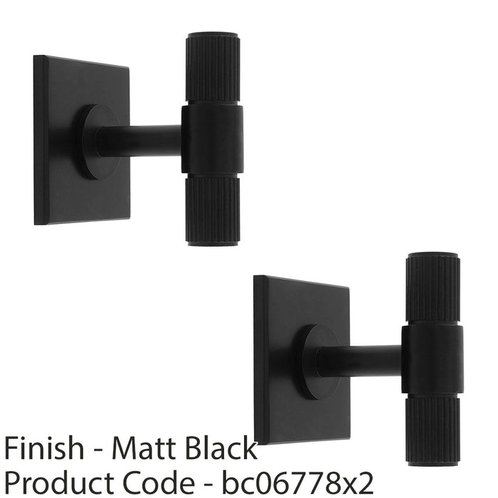 2 PACK Reeded T Bar Door Knob & Matching Backplate Lined Matt Black 40 x 40mm 1