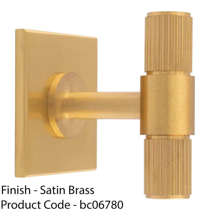 Reeded T Bar Cabinet Door Knob & Matching Backplate Lined Satin Brass 40 x 40mm 1