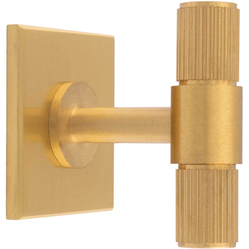 Reeded T Bar Cabinet Door Knob & Matching Backplate Lined Satin Brass 40 x 40mm