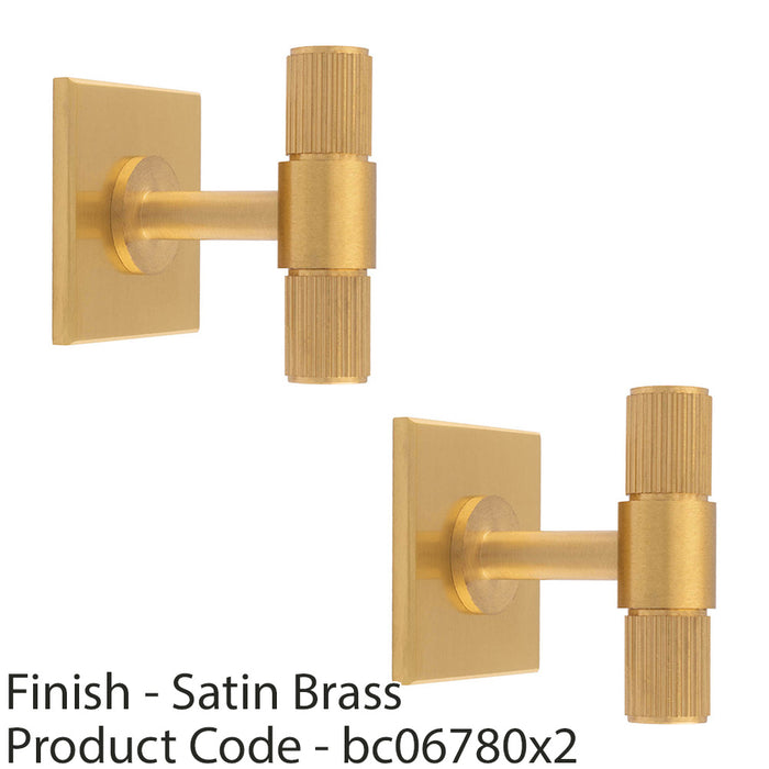 2 PACK Reeded T Bar Door Knob & Matching Backplate Lined Satin Brass 40 x 40mm 1