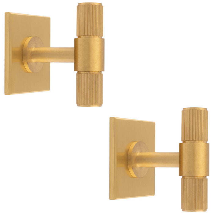2 PACK Reeded T Bar Door Knob & Matching Backplate Lined Satin Brass 40 x 40mm