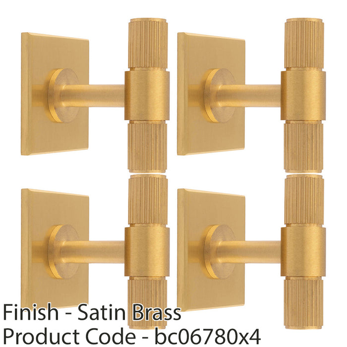 4 PACK Reeded T Bar Door Knob & Matching Backplate Lined Satin Brass 40 x 40mm 1