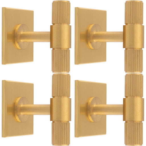 4 PACK Reeded T Bar Door Knob & Matching Backplate Lined Satin Brass 40 x 40mm