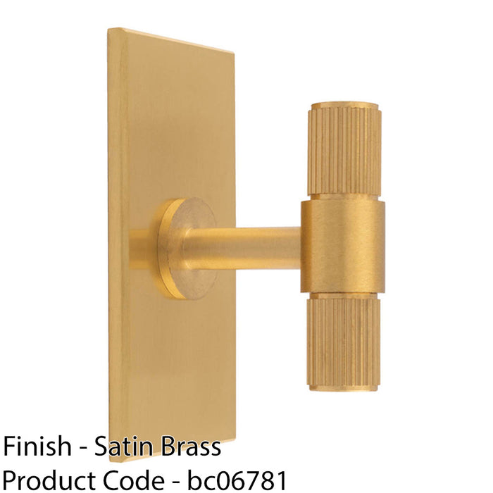 Reeded T Bar Cabinet Door Knob & Matching Backplate Lined Satin Brass 76 x 40mm 1