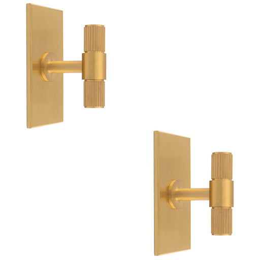 2 PACK Reeded T Bar Door Knob & Matching Backplate Lined Satin Brass 76 x 40mm
