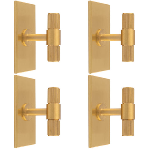 4 PACK Reeded T Bar Door Knob & Matching Backplate Lined Satin Brass 76 x 40mm
