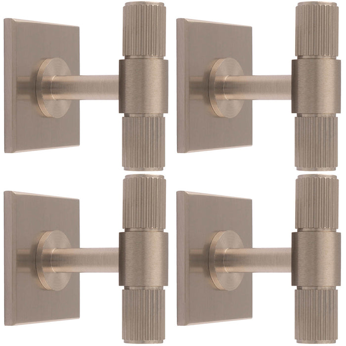 4 PACK Reeded T Bar Door Knob & Matching Backplate Lined Satin Nickel 40 x 40mm