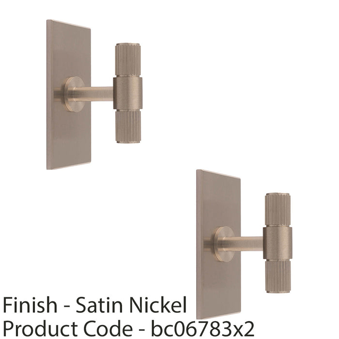 2 PACK Reeded T Bar Door Knob & Matching Backplate Lined Satin Nickel 76 x 40mm 1