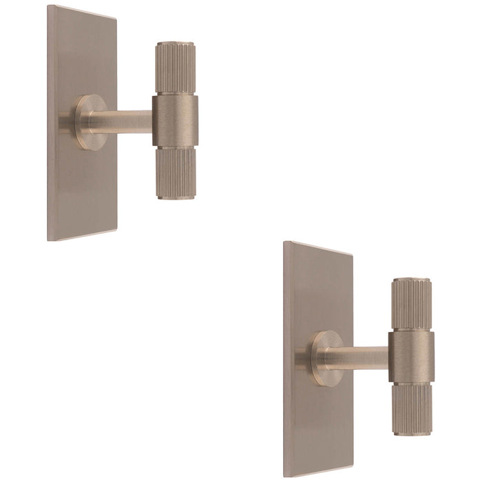 2 PACK Reeded T Bar Door Knob & Matching Backplate Lined Satin Nickel 76 x 40mm