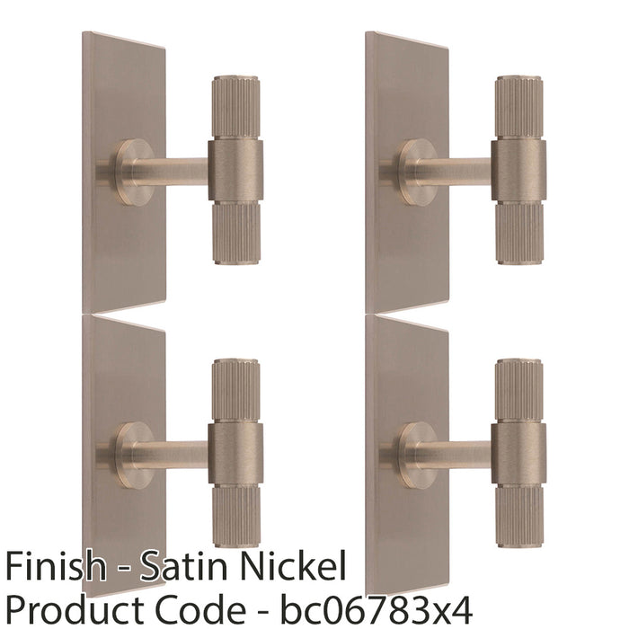 4 PACK Reeded T Bar Door Knob & Matching Backplate Lined Satin Nickel 76 x 40mm 1