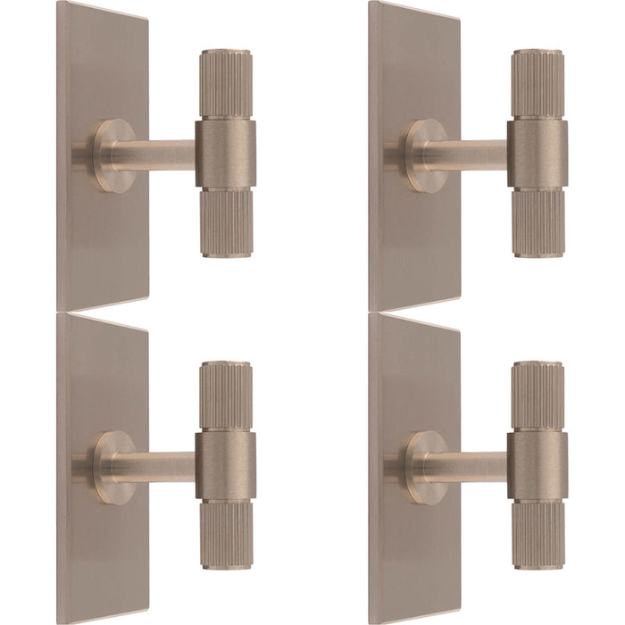 4 PACK Reeded T Bar Door Knob & Matching Backplate Lined Satin Nickel 76 x 40mm